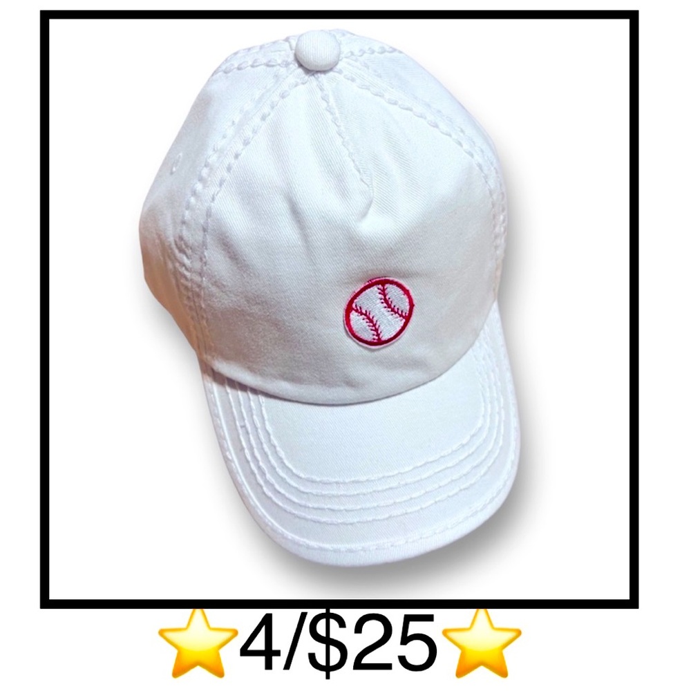 Children’s Unisex White Baseball Cap w/ Baseball Patch, Opening for Ponytail Hat